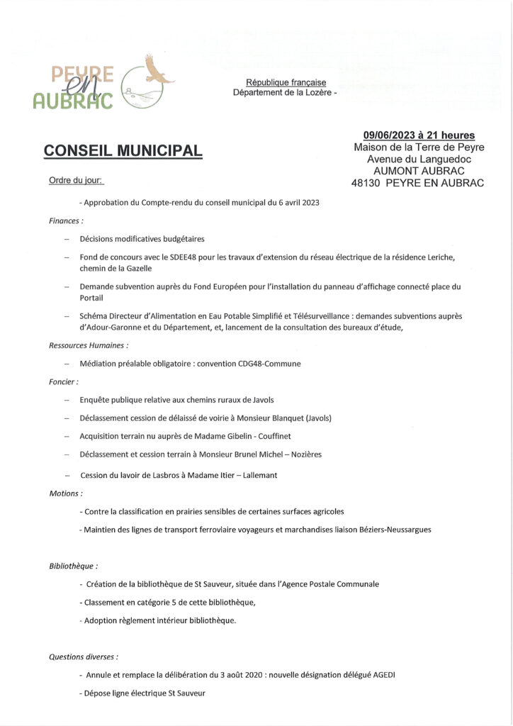 Ordre du jour Conseil Municipal du 9 juin 2023.