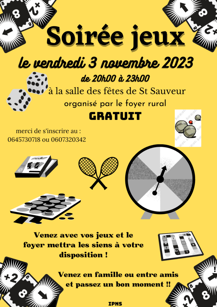 Affiche soirée jeux St Sauveur 3 novembre.