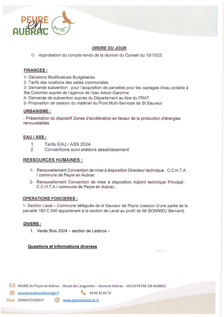 Ordre du jour réunion du conseil municipal du 6 décembre 2023 - Commune de Peyre en Aubrac.