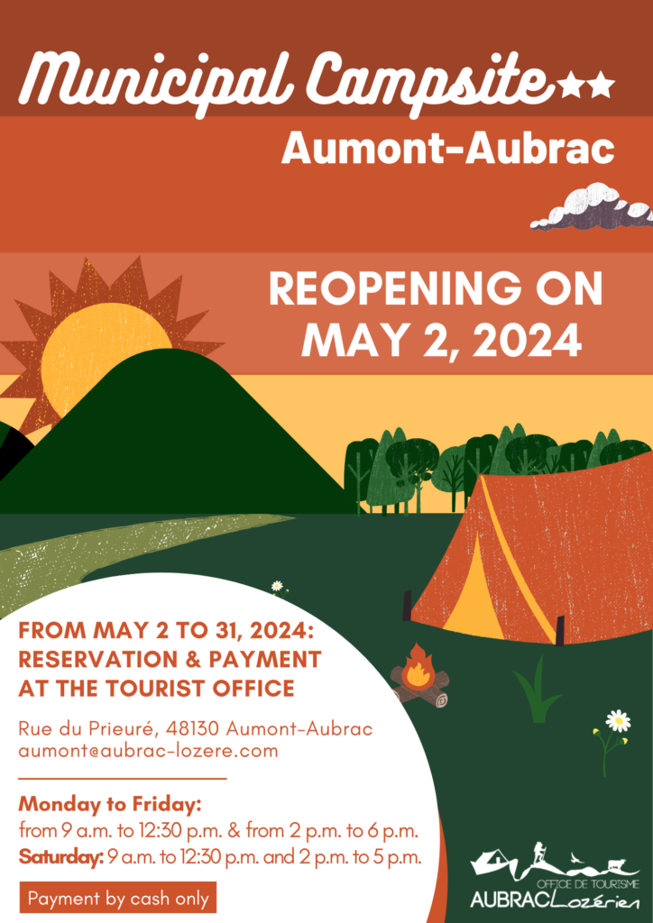 Affiche ouverture camping 2024 anglais - Commune de Peyre en Aubrac en Lozère