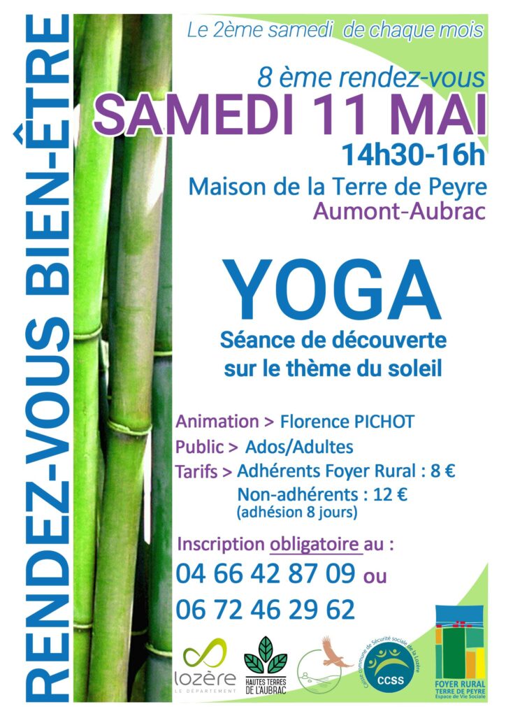 Rendez-vous bien-être le 11 mai 2024 à Aumont-Aubrac - Séance de yoga - renseignements et inscriptions au 04 66 42 87 09 ou au 06 72 46 29 62.