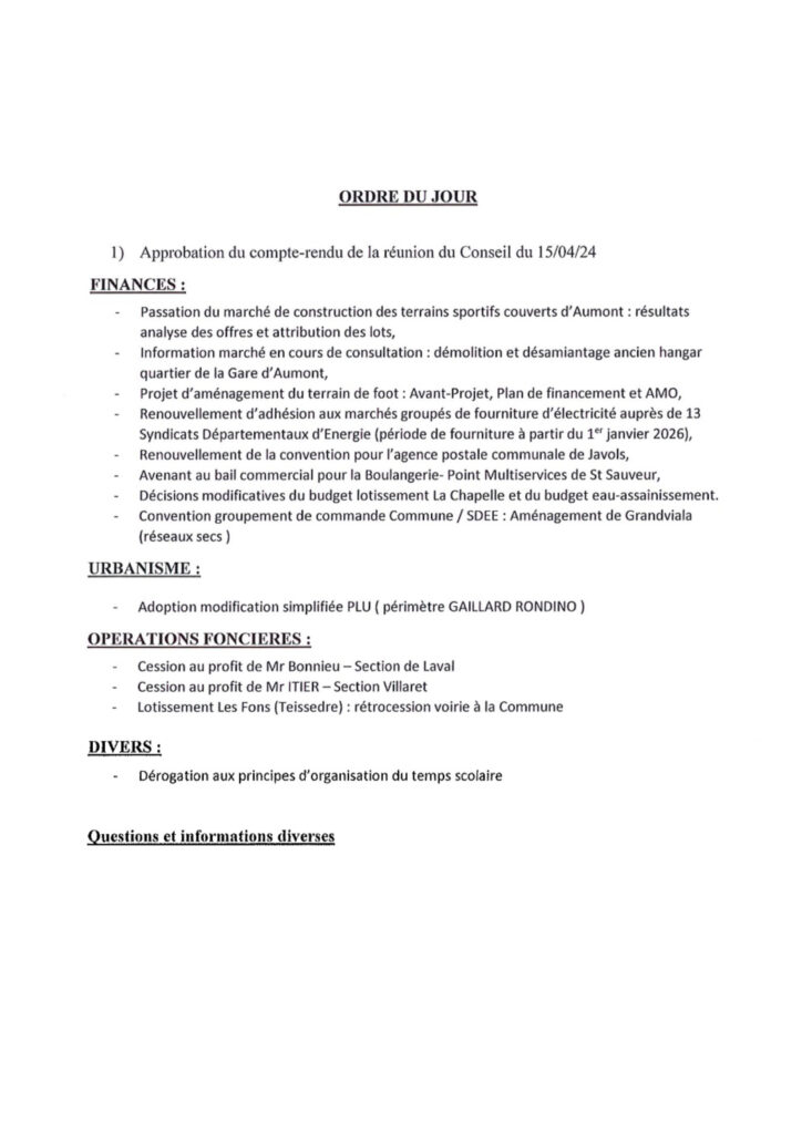 Ordre du jour Conseil Municipal du 4 juillet - Commune de Peyre en Aubrac en Lozère