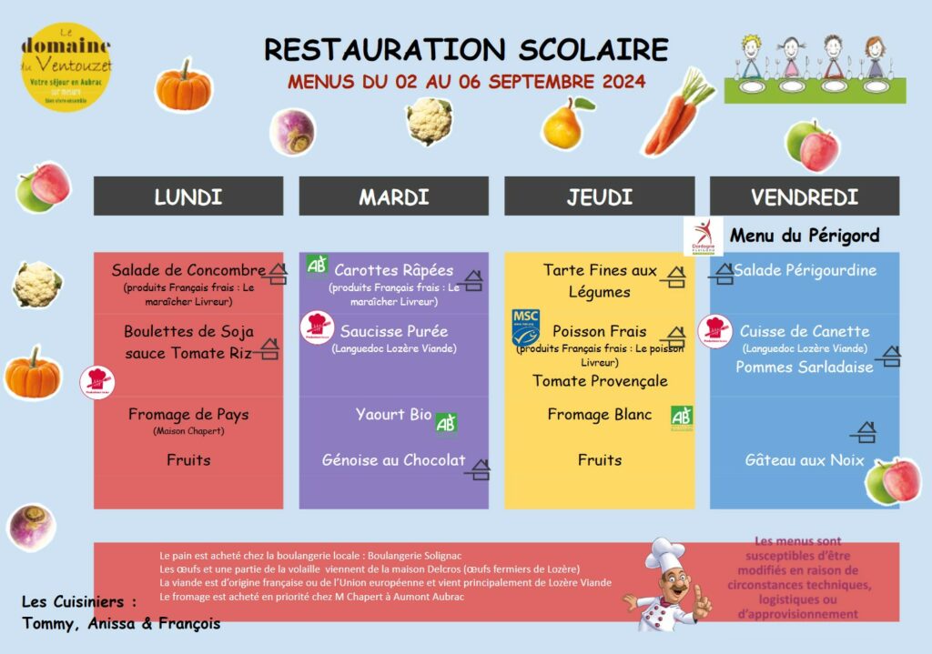 Menus cantines du 2 au 6 septembre - Commune de Peyre en Aubrac en Lozère.