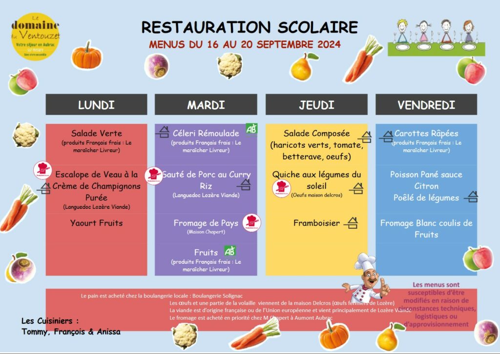 Menus restauration scolaire du 16 au 20 septembre 2024 - Commune de Peyre en Aubrac en Lozère.