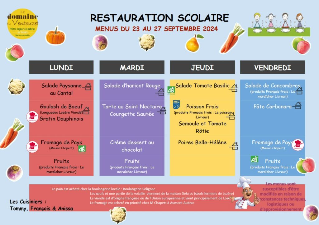 Menus restauration scolaire du 23 au 27 septembre - Commune de Peyre en Aubrac en Lozère