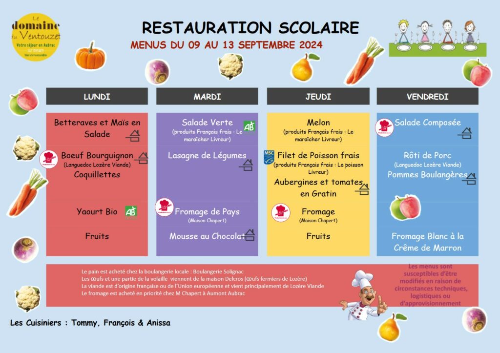 Menus restauration scolaire du 9 au 13 septembre 2024 - Commune de Peyre en Aubrac en Lozère.