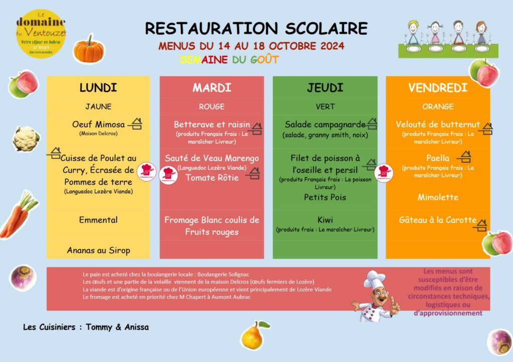 Restauration scolaire du 14 au 18 octobre 2024 - Commune de Peyre en Aubrac