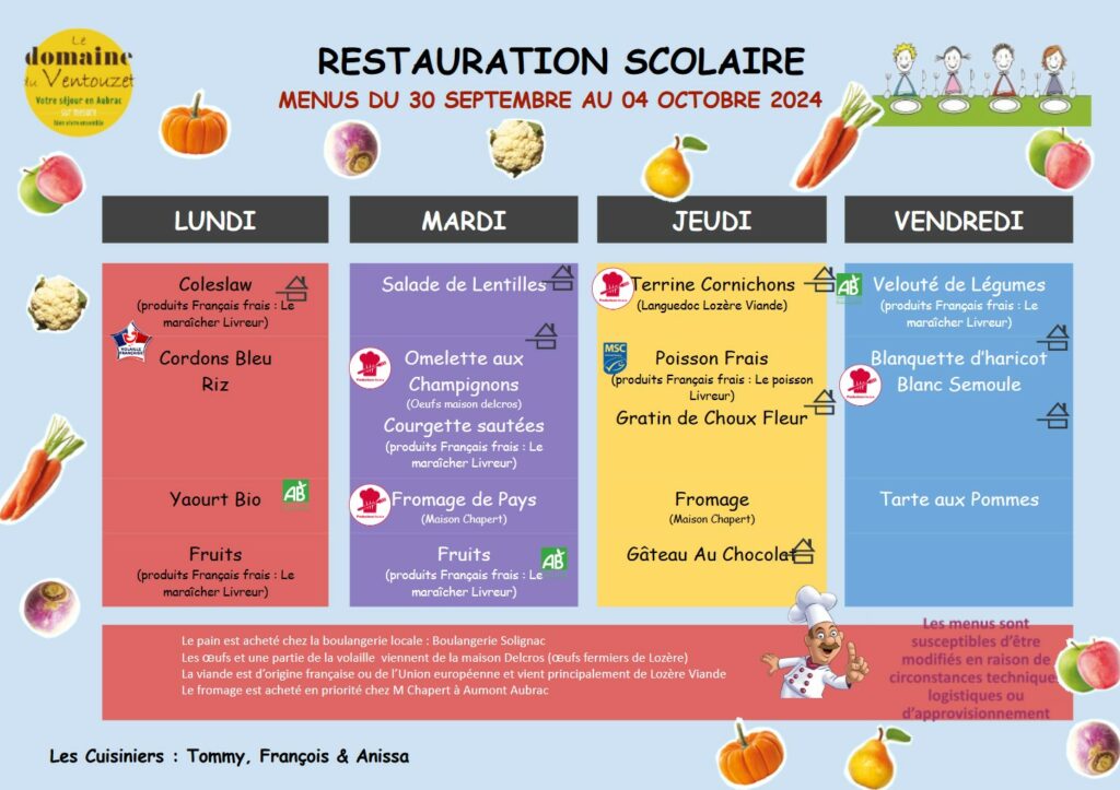 Menus restauration scolaire du 30 septembre au 4 octobre - Commune de Peyre en Aubrac en Lozère.