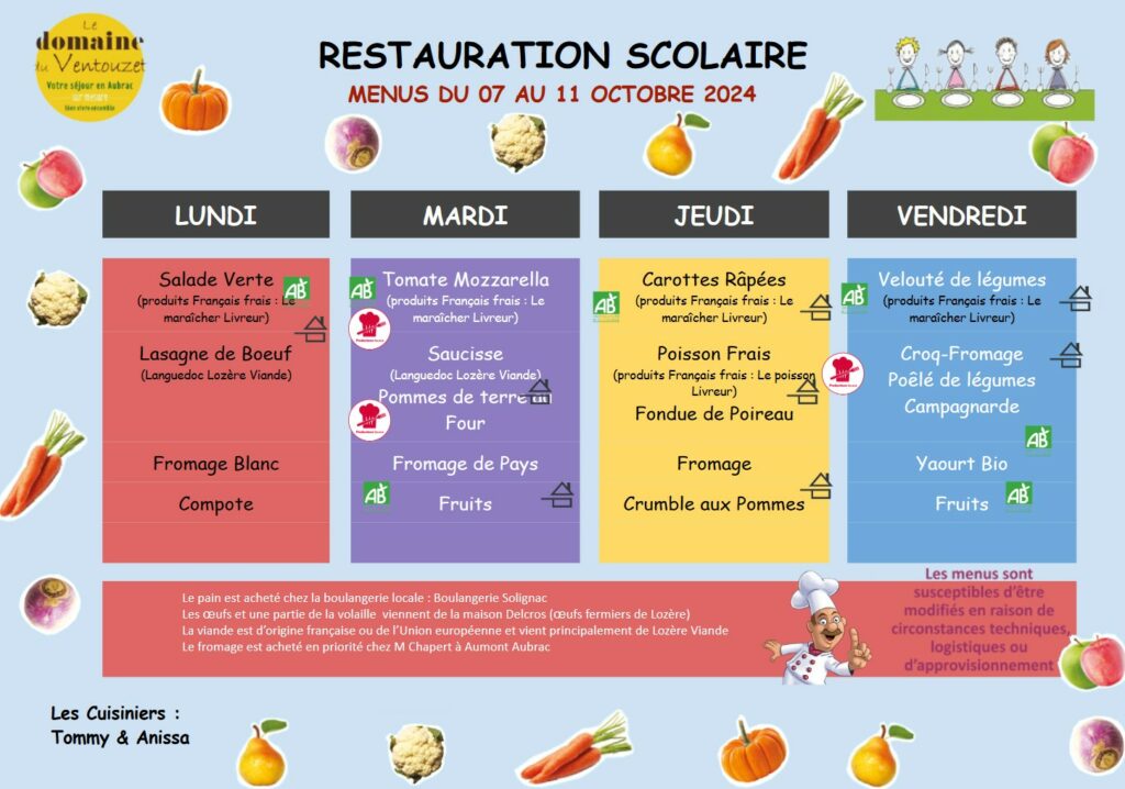 Menus restauration scolaire du 7 au 11 octobre 2024 - Commune de Peyre en Aubrac en Lozère