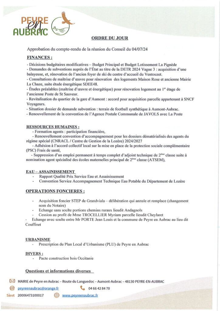 Ordre du jour du conseil municipal le 9 octobre 2024 - Commune de Peyre en Aubrac en Lozère