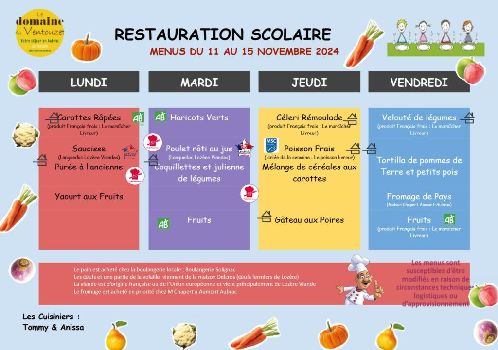 Menus restauration scolaire du 11 au 15 novembre 2024 - Commune de Peyre en Aubrac en Lozère