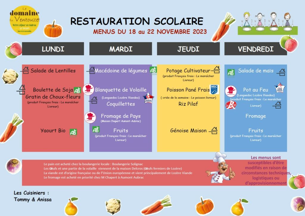 Menus restauration scolaire du 18/11/2024 au 22/11/2024 - Commune de Peyre en Aubrac en Lozère