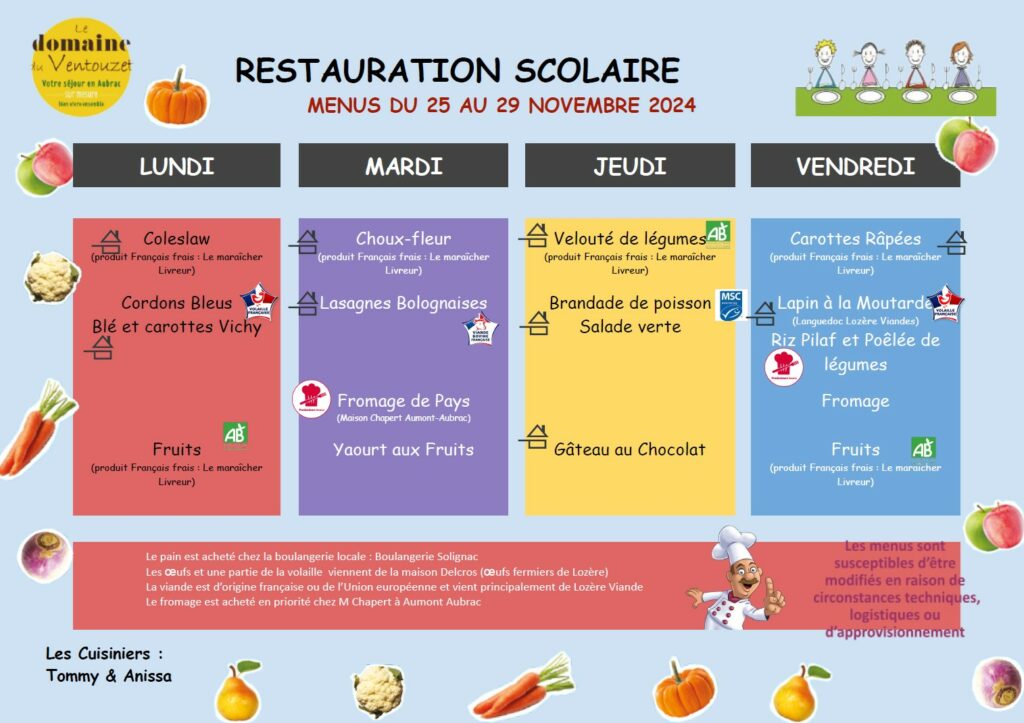 Menus restauration scolaire du 25 au 29 novembre 2024 - Commune de Peyre en Aubrac en Lozère