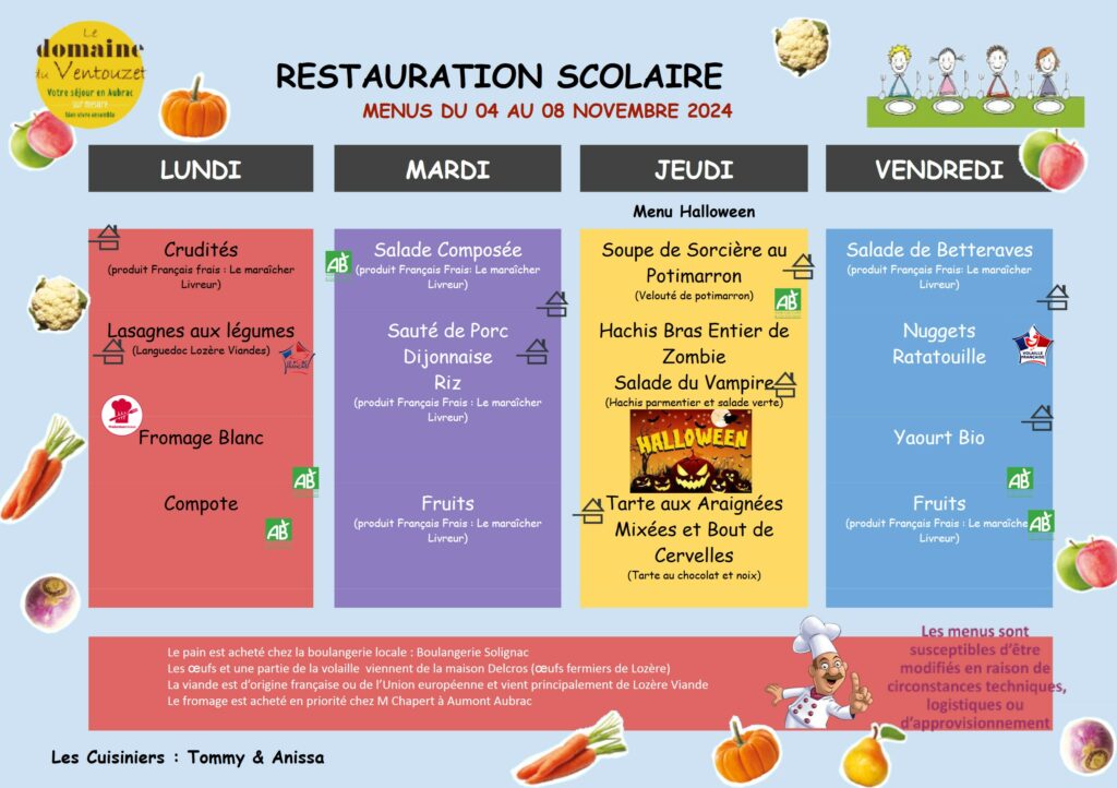 Menus restauration scolaire du 4 au 8 novembre 2024 - Commune de Peyre en Aubrac en Lozère