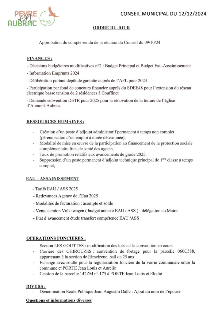 Ordre du jour Conseil Municipal du 12/12/2024 - Commune de Peyre en Aubrac en Lozère