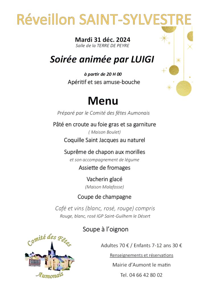 Menu réveillon Saint Sylvestre comité des fêtes aumonais - Commune de Peyre en Aubrac en Lozère