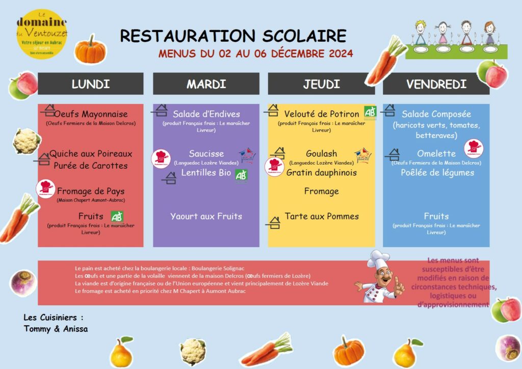 Menus restauration scolaire du 2 au 6 décembre 2024 - Commune de Peyre en Aubrac en Lozère