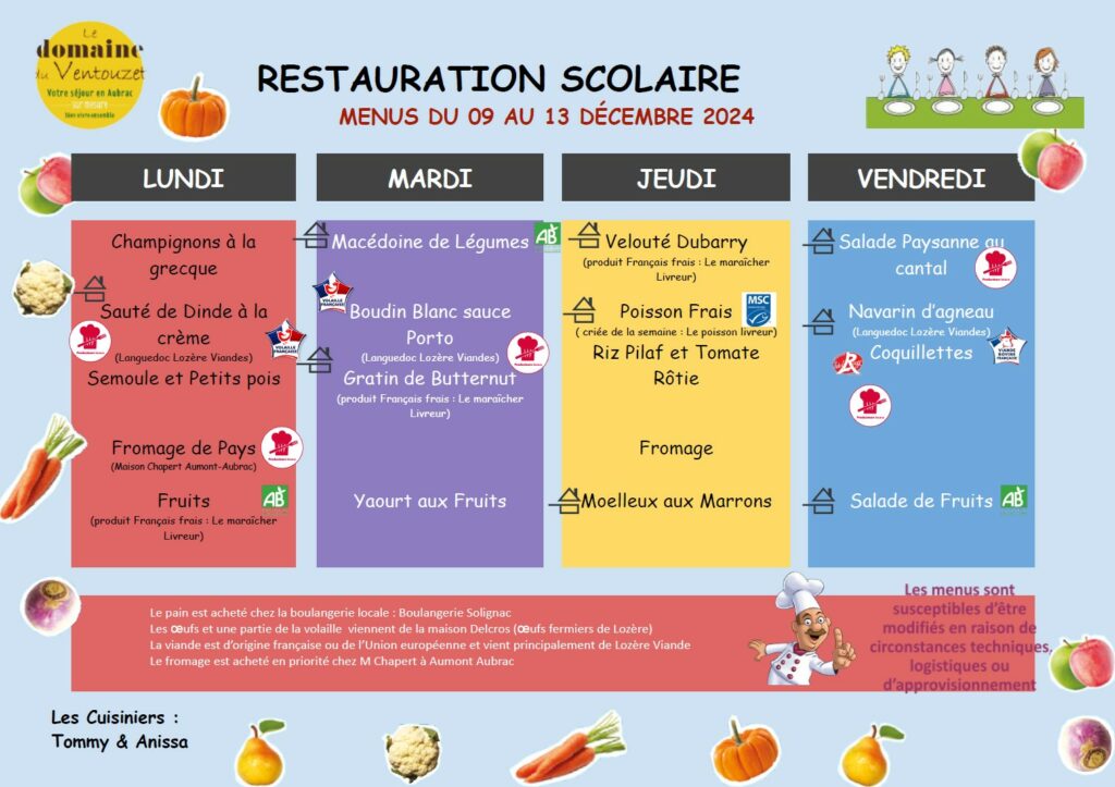 Menus restauration scolaire du 9/12/24 au 13/12/24 - Commune de Peyre en Aubrac en Lozère