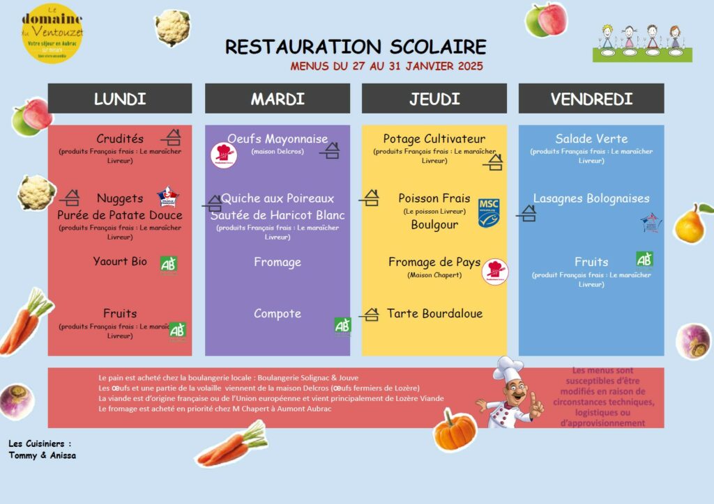 Menus restauration scolaire du 27/01/2024 au 31/01/2024 - Commune de Peyre en Aubrac en Lozère