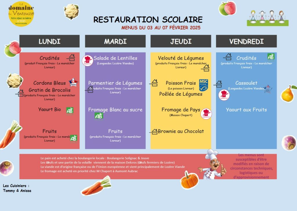 Menus restauration scolaire du 3 au 7 février 2025 - Commune de Peyre en Aubrac en Lozère.