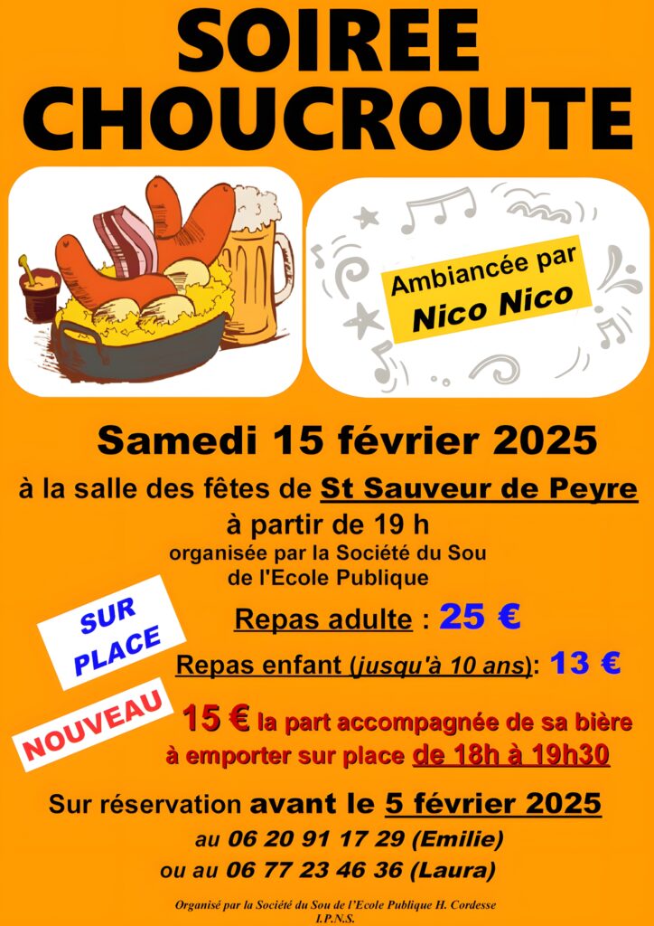 Soirée choucroute le 15/02/25 à St Sauveur de Peyre - Commune de Peyre en Aubrac