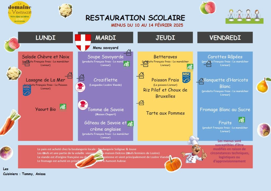 Menus restauration scolaire du 10 au 14 février 2025 - Commune de Peyre en Aubrac en Lozère.