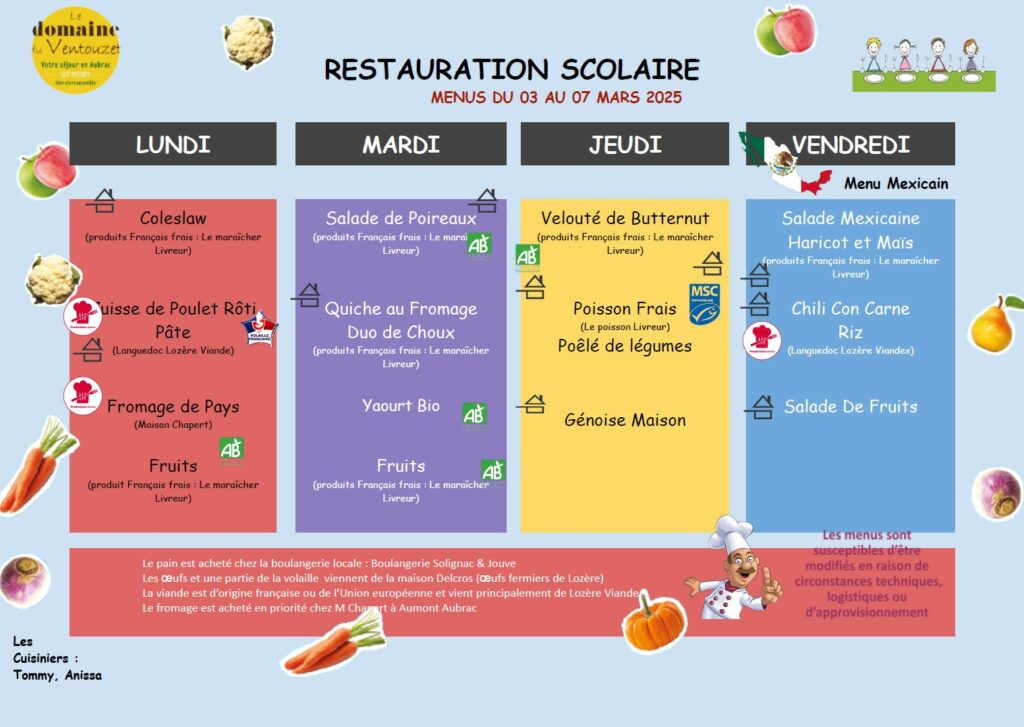 Menus restauration scolaire du 3 au 7 mars 2025 - Commune de Peyre en Aubrac en Lozère
