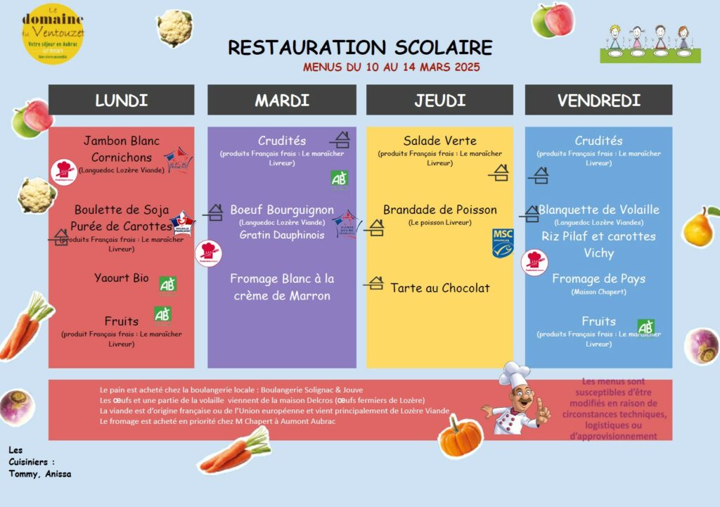 Menus restauration scolaire du 10 au 14 mars 2025 - Commune de Peyre en Aubrac en Lozère.