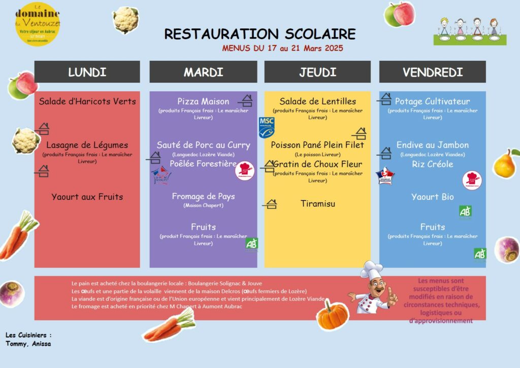 Menus restauration scolaire du 17 au 21 mars 2025 - Commune de Peyre en Aubrac en Lozère