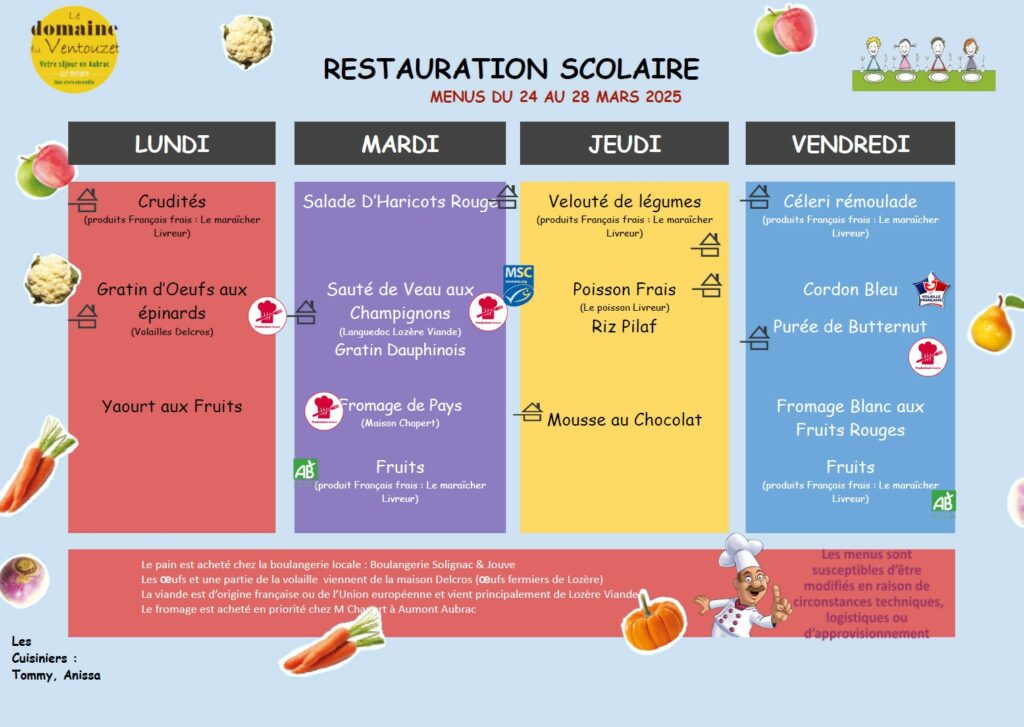 Menus restauration scolaire du 24 au 28 mars - Commune de Peyre en Aubrac en Lozère.