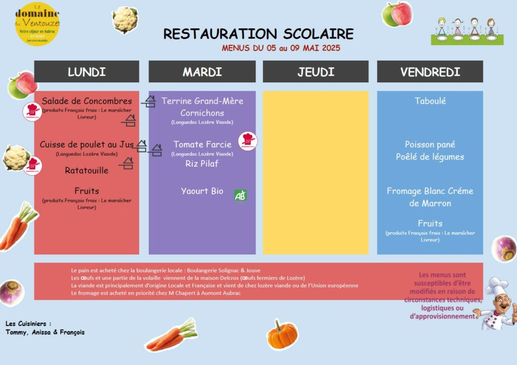 Menu restauration scolaire du 5 au 9 mai 2025 - Commune de Peyre en Aubrac en Lozère