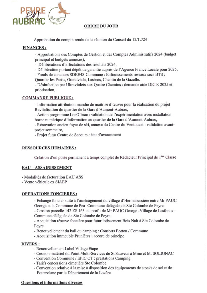 Ordre du jour du Conseil Municipal du 6 mars 2025 - Commune de Peyre en Aubrac en Lozère.