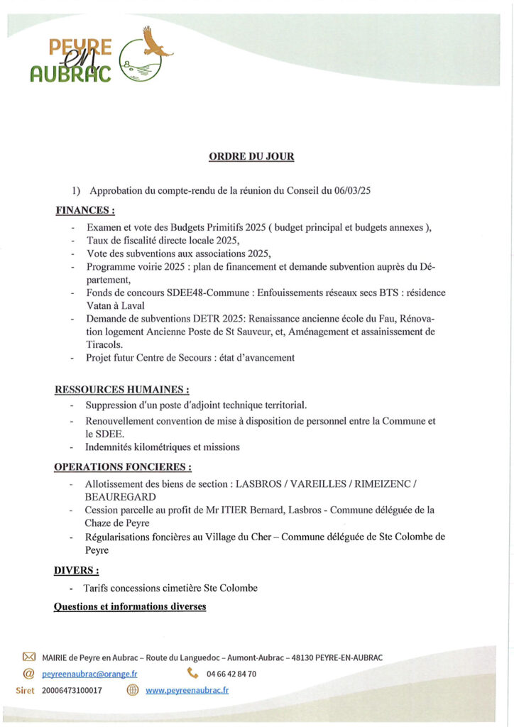 Ordre du jour réunion du Conseil Municipal du 14/05/25 - Commune de Peyre en Aubrac en Lozère.