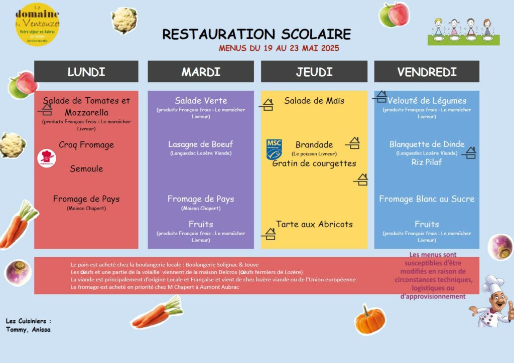 Menus restauration scolaire du 19 au 23 mai 2025 - Commune de Peyre en Aubrac en Lozère