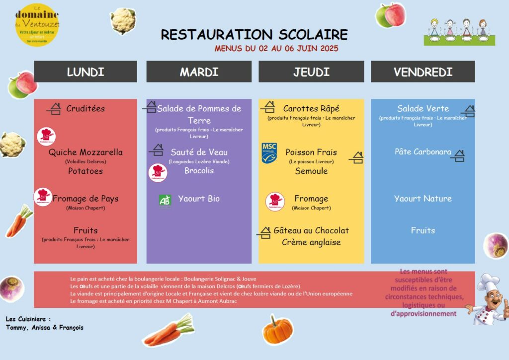 Menus restauration scolaire du 2 au 6 juin 2025 - Commune de Peyre en Aubrac en Lozère.