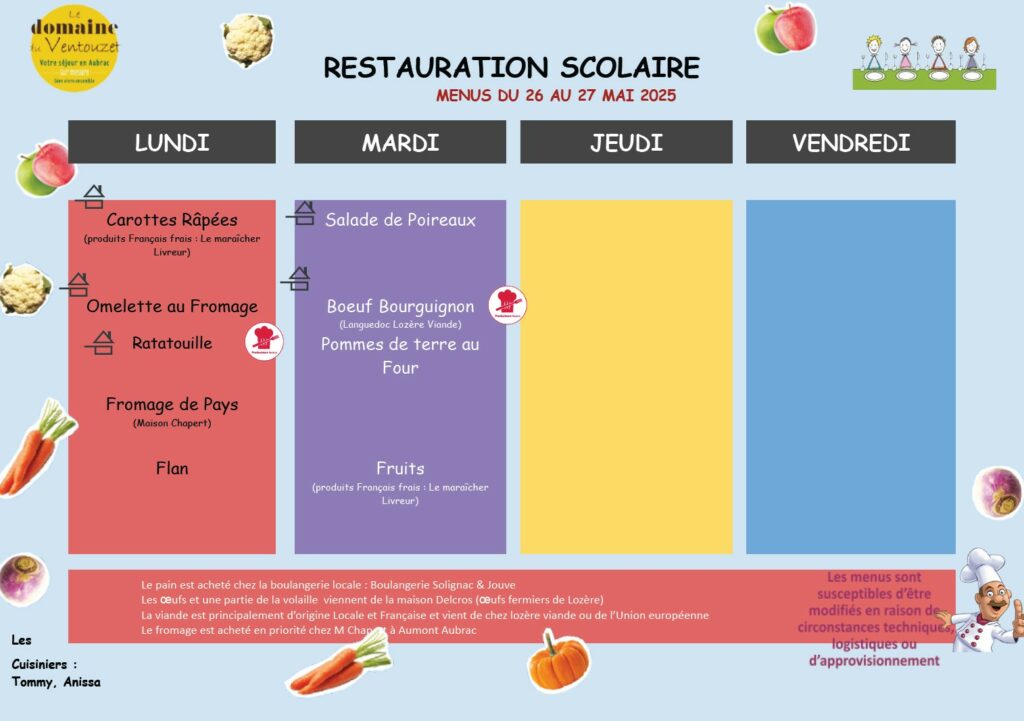 Menus restauration scolaire du 26/05/2025 au 27/05/2025 - Commune de Peyre en Aubrac en Lozère