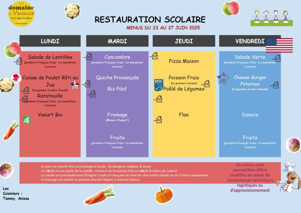 Menus restauration scolaire du 23 au 27 juin - Commune de Peyre en Aubrac en Lozère.