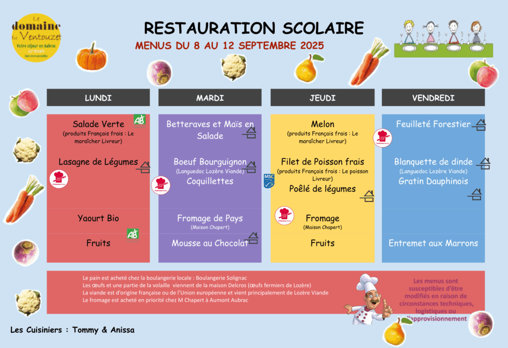Menus restauration scolaire du 8 au 12 septembre 2025 - Commune de Peyre en Aubrac en Lozère.