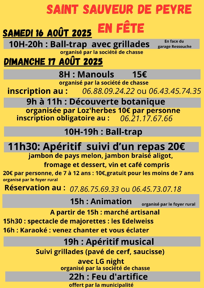 Fête votive à Saint Sauveur de Peyre les 16 et 17 août 2025 - Commune de Peyre en Aubrac en Lozère