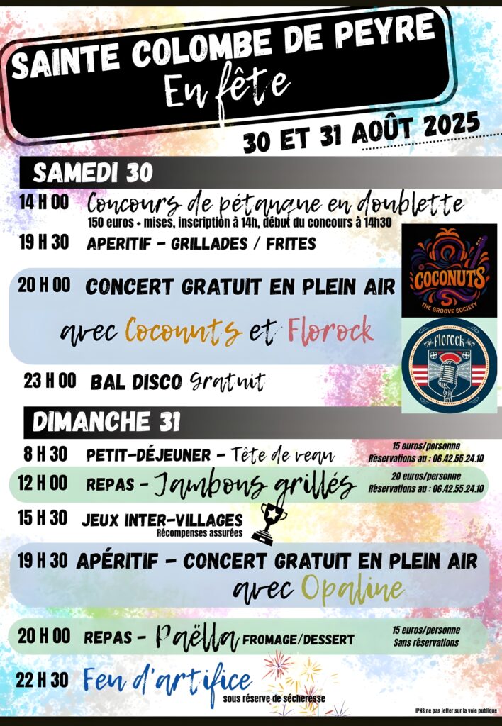 Fête votive à Sainte Colombe de Peyre les 30/08/2025 et 31/08/2025 - Commune de Peyre en Aubrac en Lozère