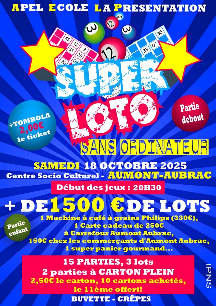 Loto de l'école La Présentation le 18/10/25 à Aumont-Aubrac - Commune de Peyre en Aubrac en Lozère.