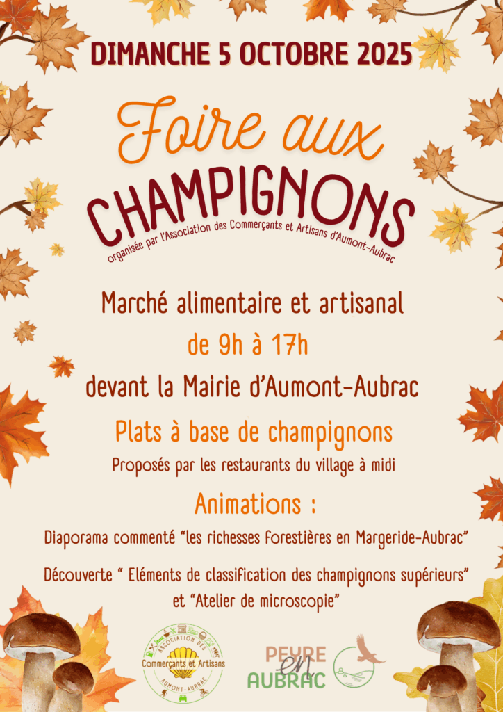 Foire aux champignons le 5/09/2025 à Aumont-Aubrac - Commune de Peyre en Aubrac en Lozère