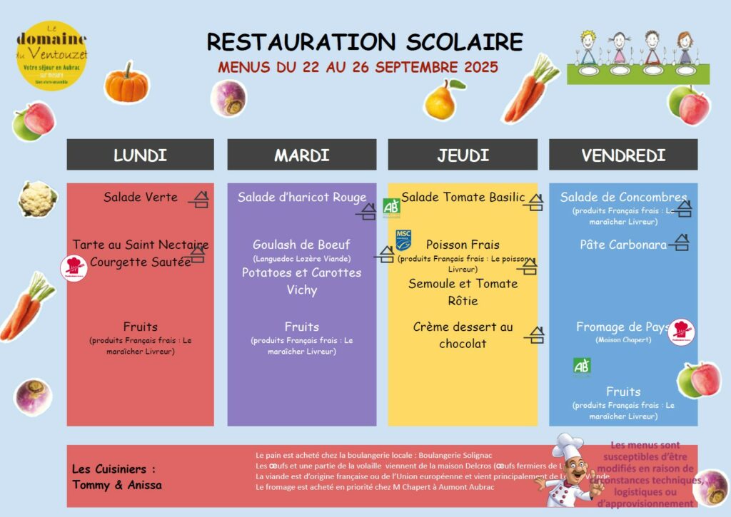 Menus restauration scolaire du 22 au 26 septembre 2025 - Commune de Peyre en Aubrac en Lozère