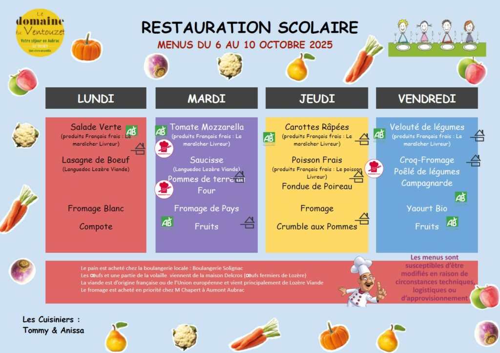 Menus restauration scolaire du 6 au 10 octobre 2025 - Commune de Peyre en Aubrac en Lozère