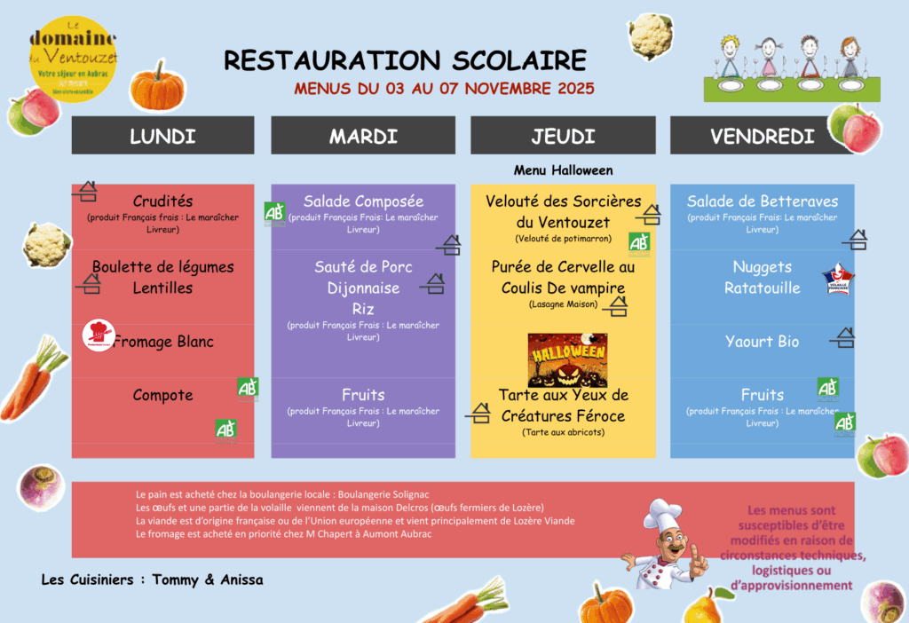 Menus restauration scolaire du 3 au 7 novembre 2025 - Commune de Peyre en Aubrac en Lozère