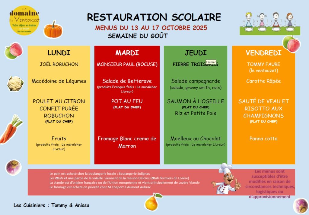 Menus restauration scolaire du 13 au 17 octobre 2025 - Commune de Peyre en Aubrac en Lozère