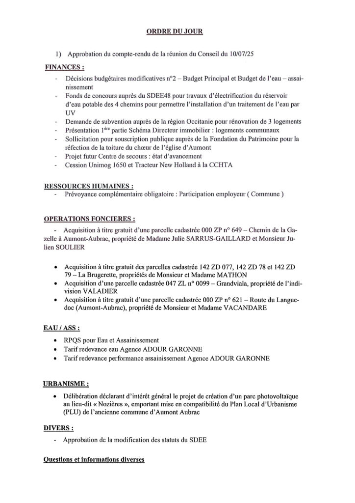 Ordre du jour Conseil Municipal du 8/10/25 - Commune de Peyre en Aubrac en Lozère.