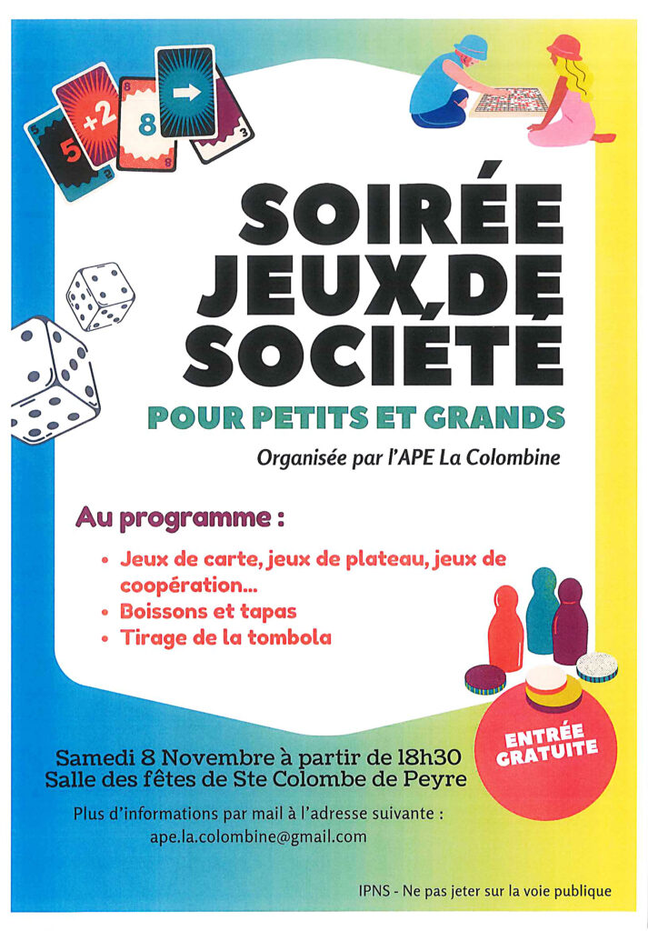 Soirée jeux de société à Sainte Colombe de Peyre le 8/11/25 - Commune de Peyre en Aubrac en Lozère
