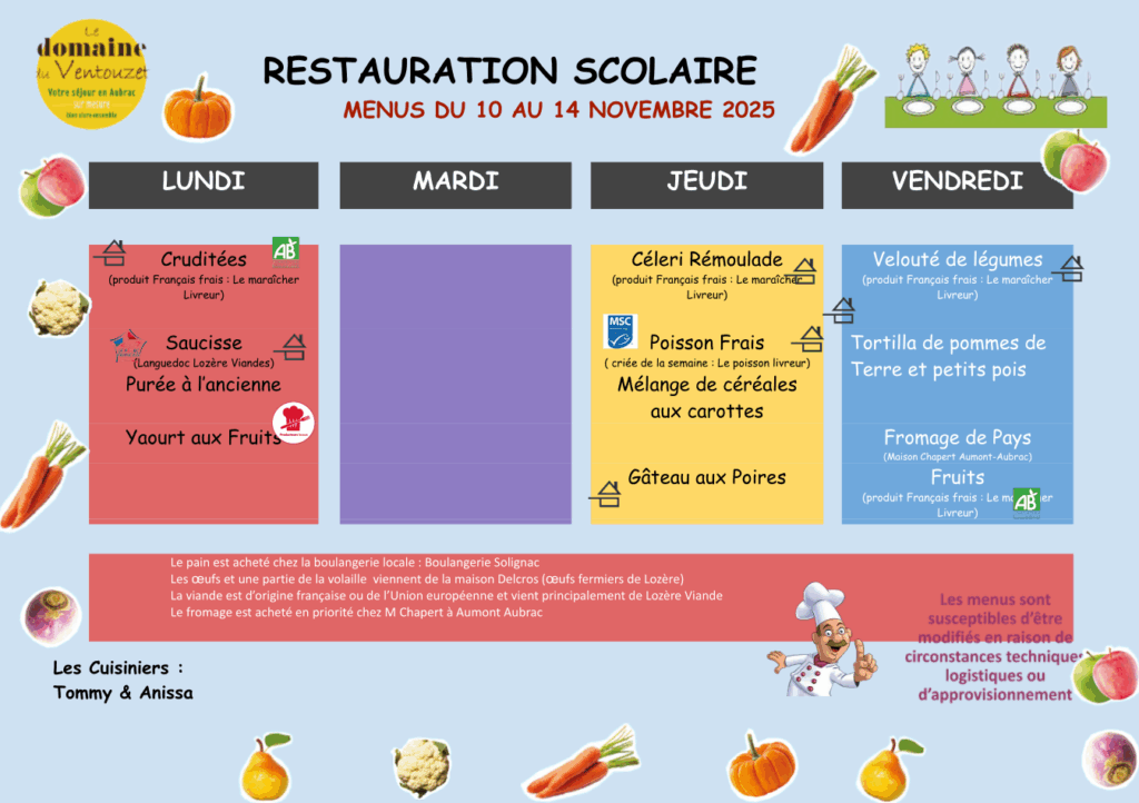 Menus restauration scolaire du 10 au 14 novembre 2025 - Commune de Peyre en Aubrac en Lozère