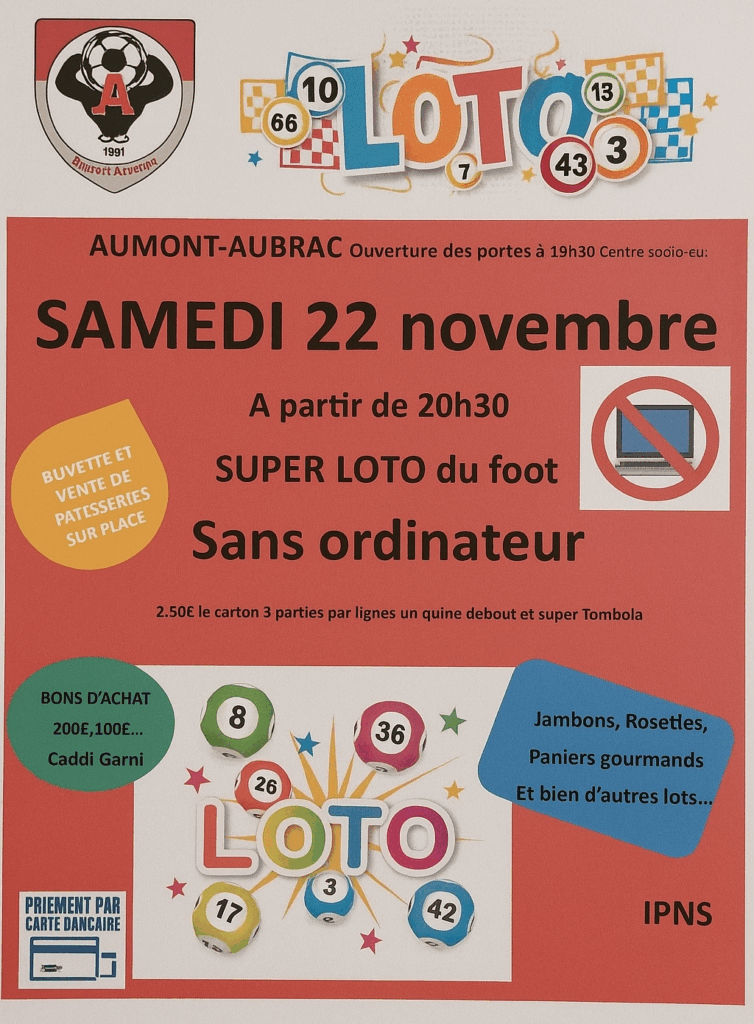 Loto de la Vaillante Aumonaise le 22/11/25 à Aumont-Aubrac - Commune de Peyre en Aubrac en Lozère